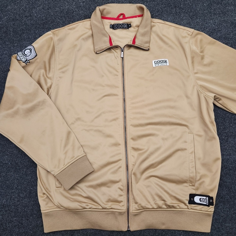 COOGI Mens XL Tan Full-Zip Jacket Embroidered Logo Urban Wear Hip-Hop Y2K Style